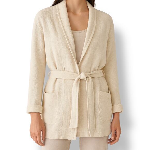 Massimo Dutti Linen Textured Belted Knit Cardigan Sweater Neutral Cream Small - Picture 1 of 11